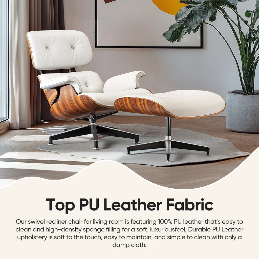 Cottinch Mid Century Chaise Lounge Chair with Ottoman, Modern PU Leather Accent Chair Swivel Armchair with Metal Base for Living Room, Top PU Leather, Rosewood White