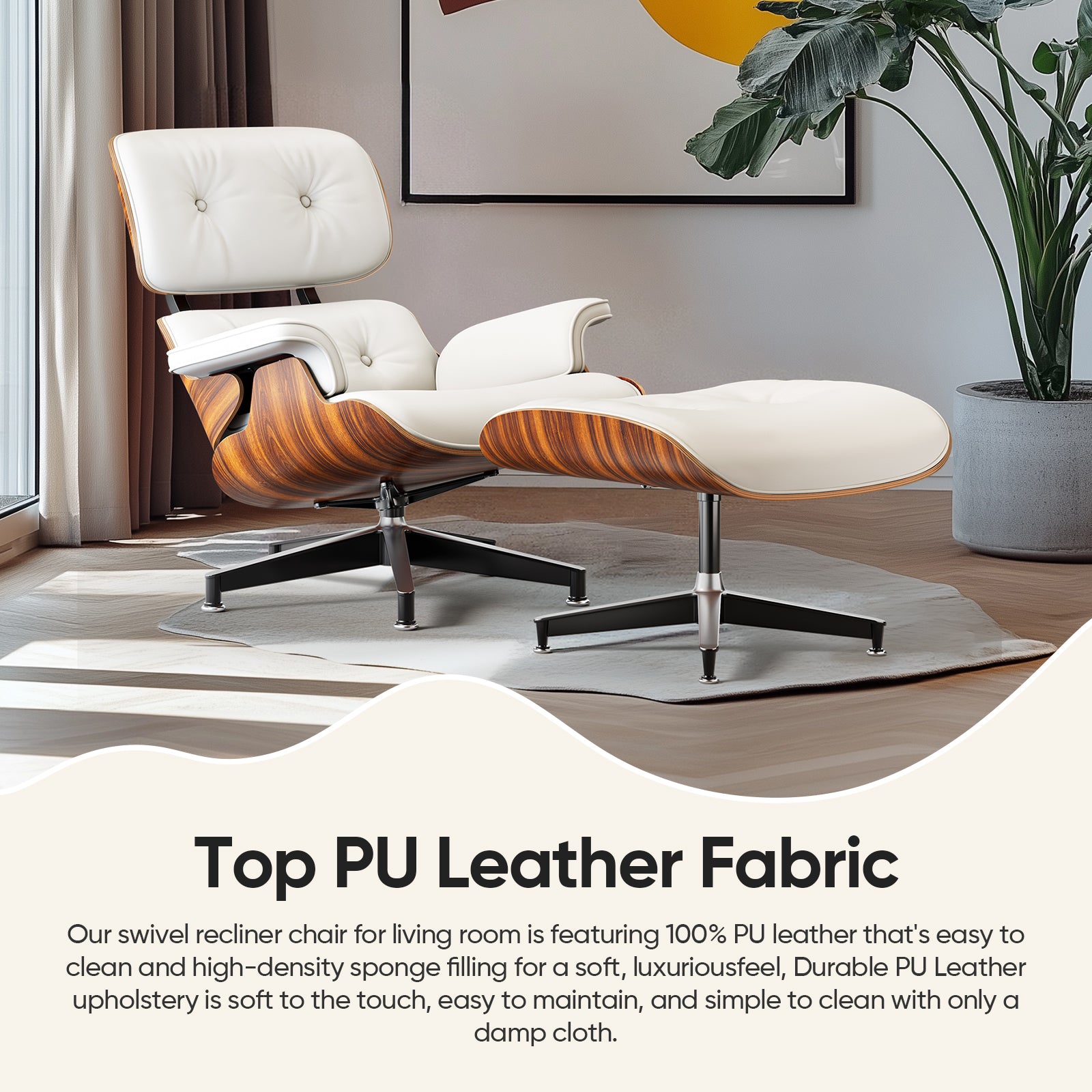 Cottinch Mid Century Chaise Lounge Chair with Ottoman, Modern PU Leather Accent Chair Swivel Armchair with Metal Base for Living Room, Top PU Leather, Rosewood White