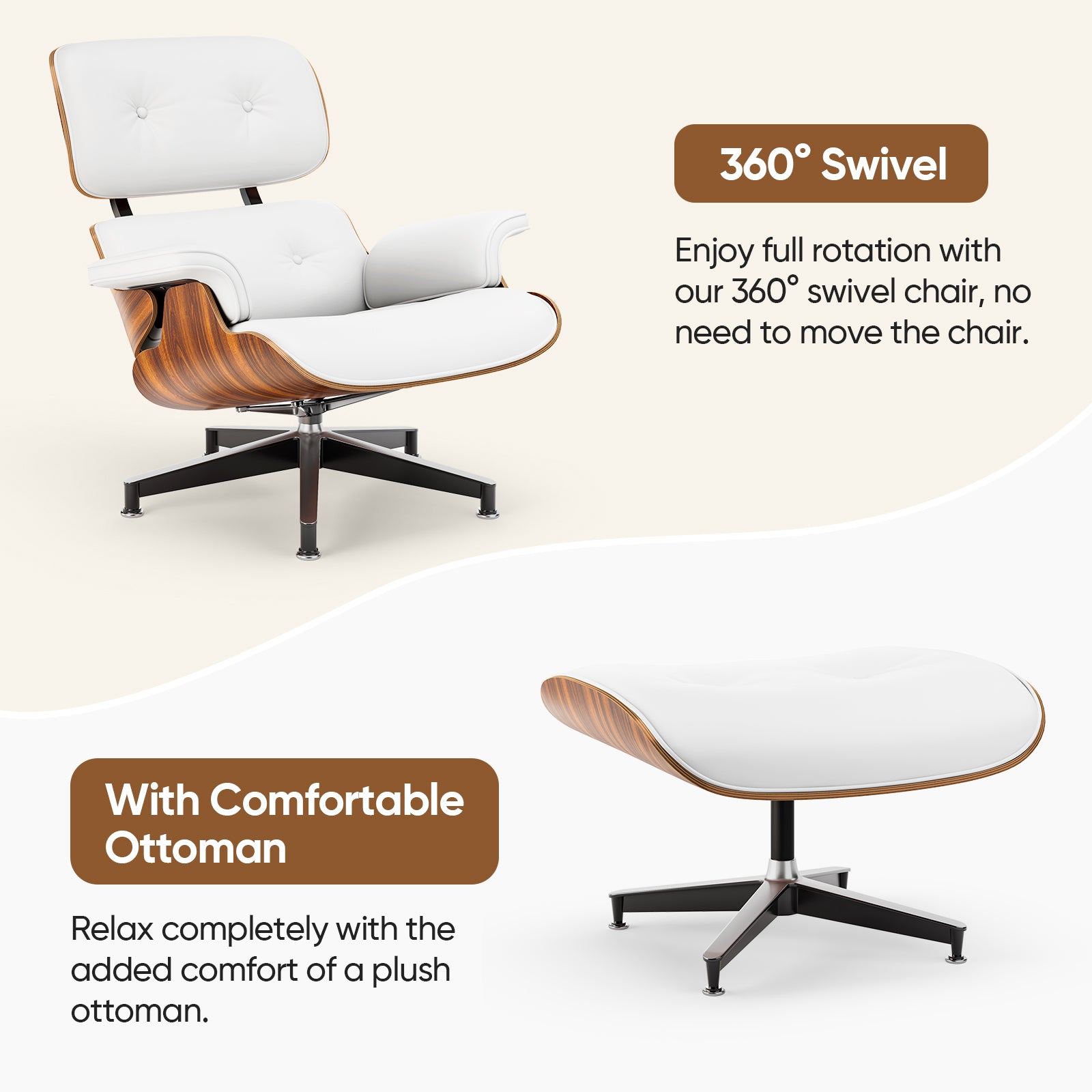 Cottinch Mid Century Chaise Lounge Chair with Ottoman, Modern PU Leather Accent Chair Swivel Armchair with Metal Base for Living Room, Top PU Leather, Rosewood White