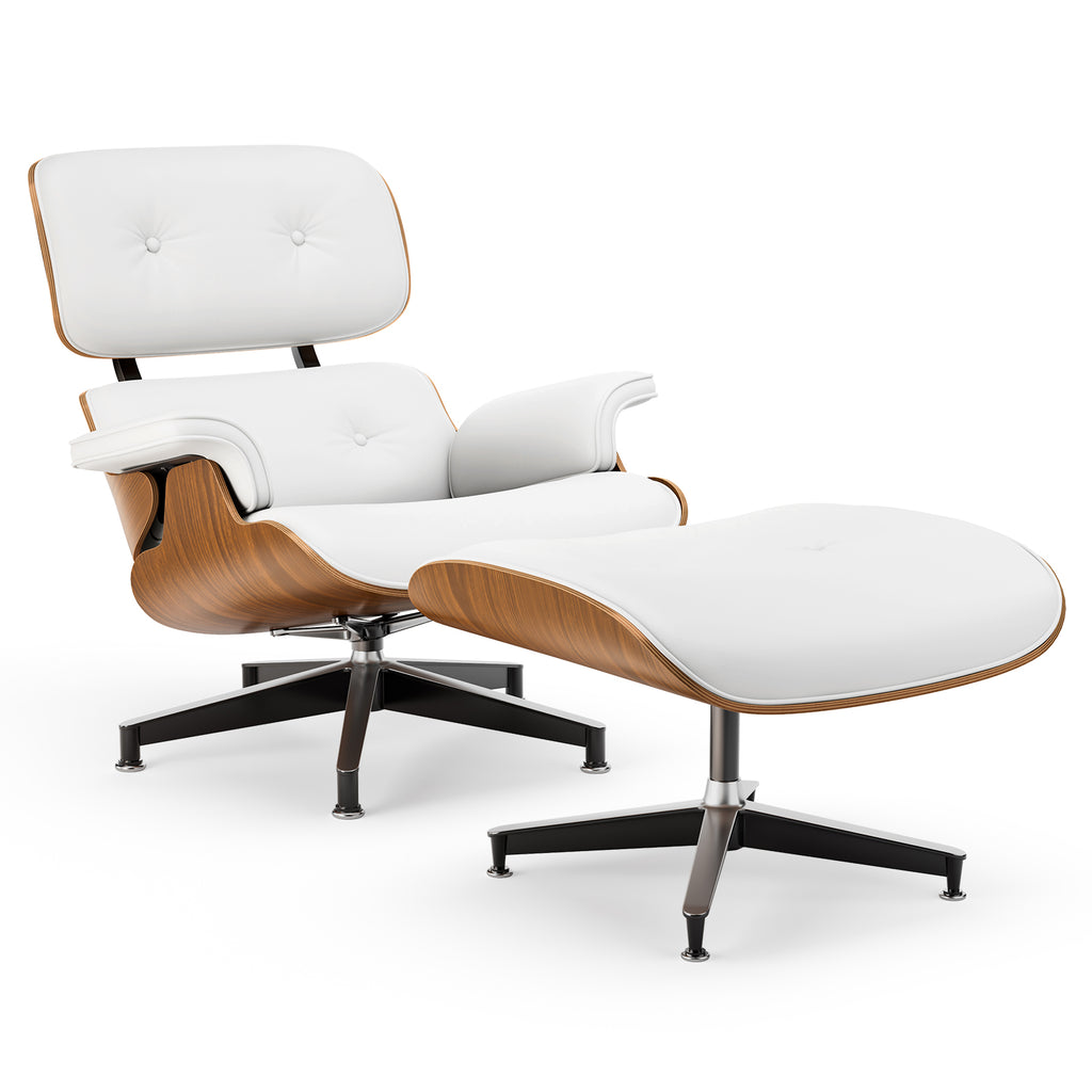 Cottinch Top Black Grain Leather, Mid Century Chaise Lounge Chair with Ottoman, Modern Leather Armchair Swivel Accent Chair and Metal Base for Living Room Office, Walnut Pattern