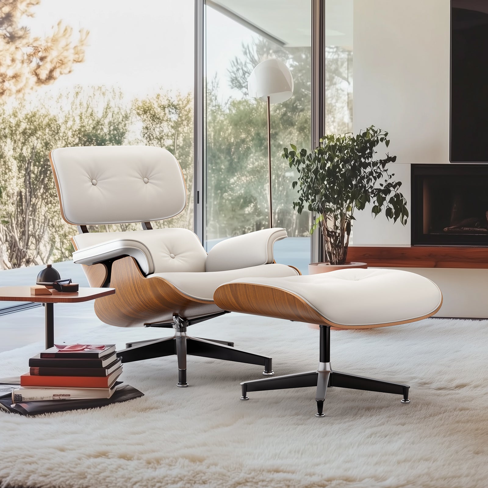 Cottinch Mid Century Chaise Lounge Chair with Ottoman, Modern PU Leather Accent Chair Swivel Armchair with Metal Base for Living Room, Top PU Leather, Rosewood White