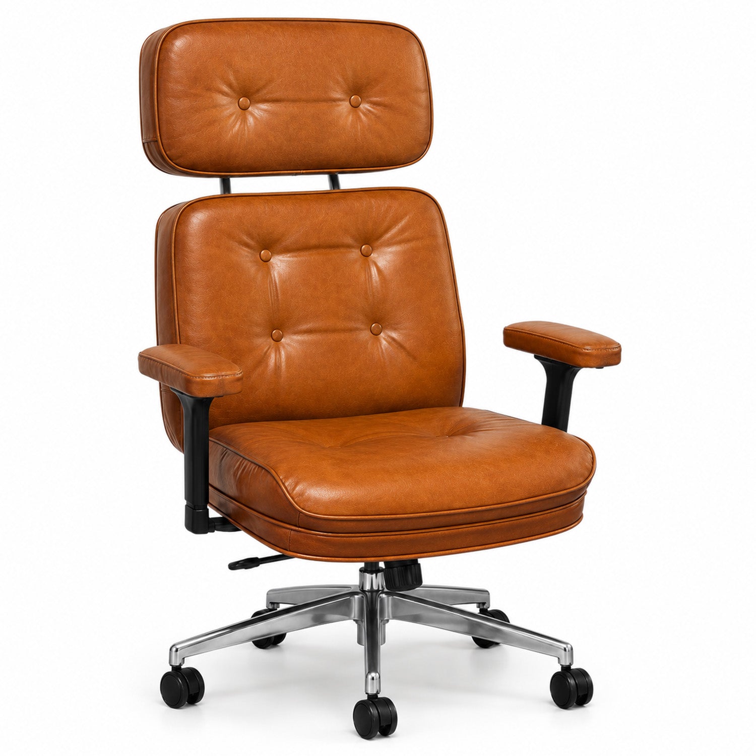 eChamp Genuine Leather Office Chair, High Back Executive Desk Chairs with Aluminum Arms and Wheels, with Threst and Ergonomic Lumbar Support, Brown
