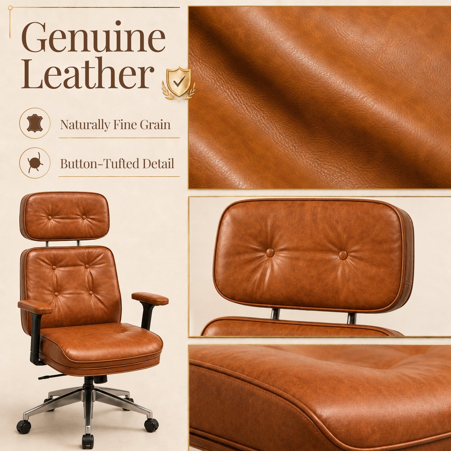 Cottinch Mid-Century Modern Genuine Leather Office Chair, High Back Ergonomic Desk Chair with 135° Recline, Adjustable Armrests & Lumbar Support, Brown