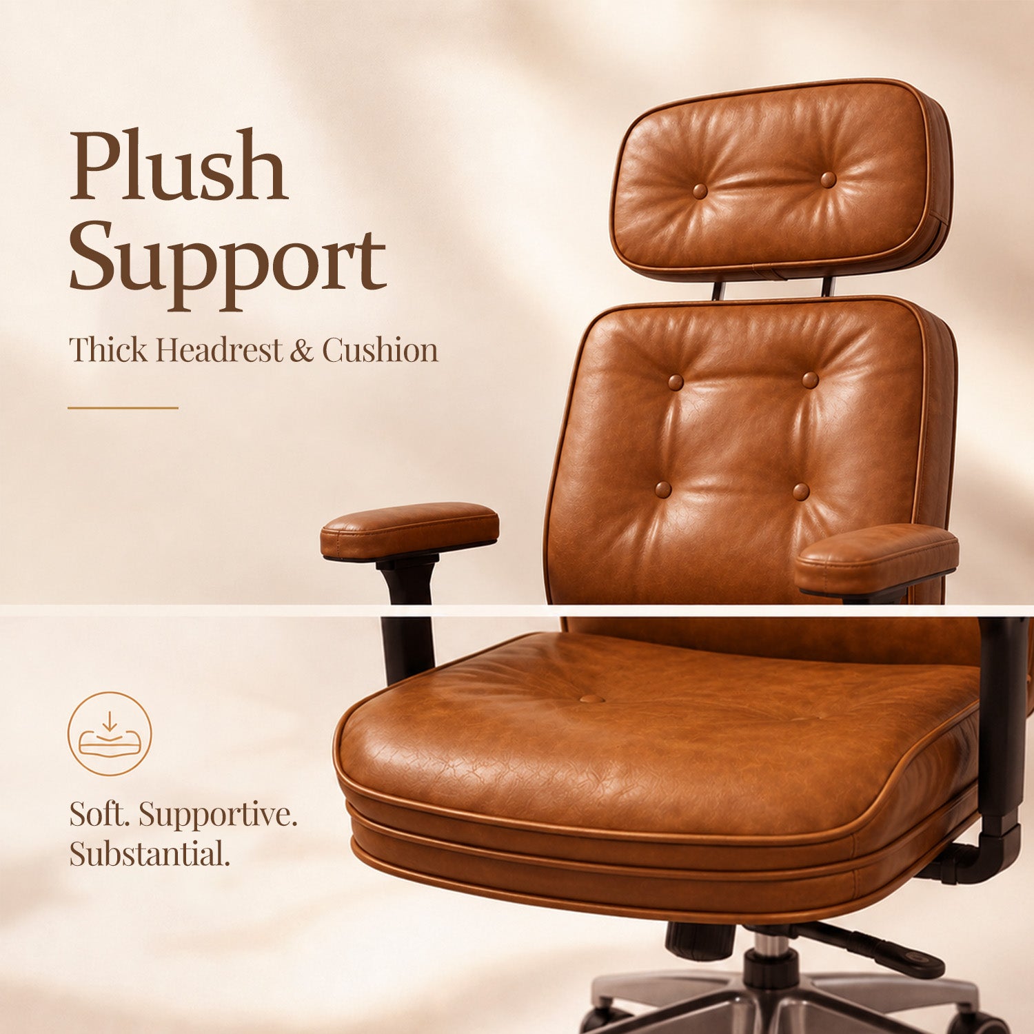 eChamp Genuine Leather Office Chair, High Back Executive Desk Chairs with Aluminum Arms and Wheels, with Threst and Ergonomic Lumbar Support, Brown