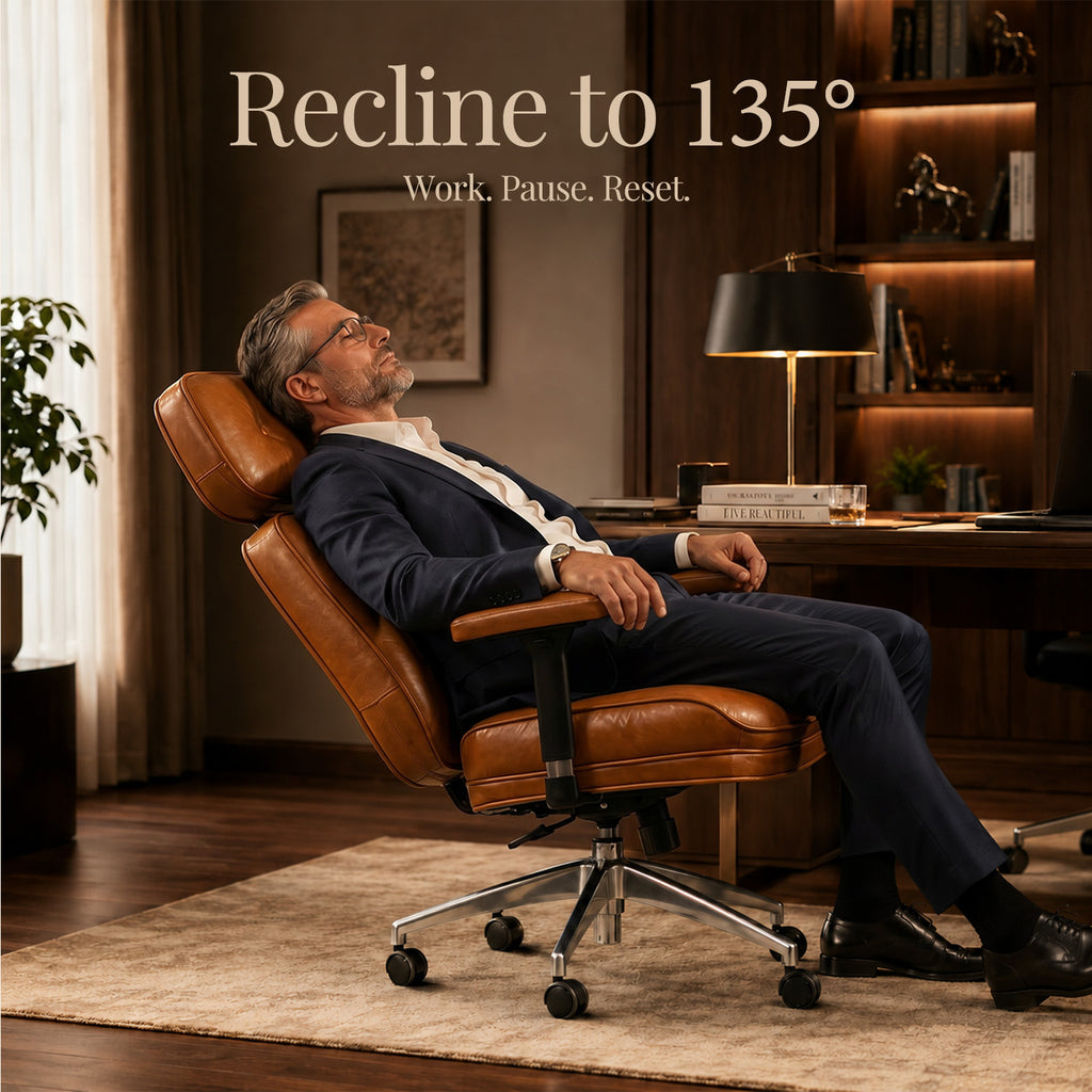 Cottinch Mid-Century Modern Genuine Leather Office Chair, High Back Ergonomic Desk Chair with 135° Recline, Adjustable Armrests & Lumbar Support, Brown