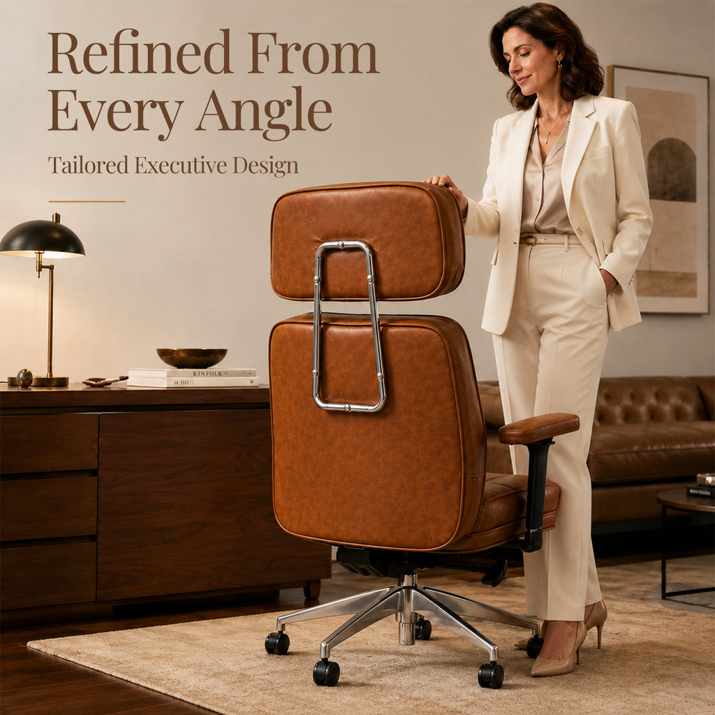 Cottinch Mid-Century Modern Genuine Leather Office Chair, High Back Ergonomic Desk Chair with 135° Recline, Adjustable Armrests & Lumbar Support, Brown