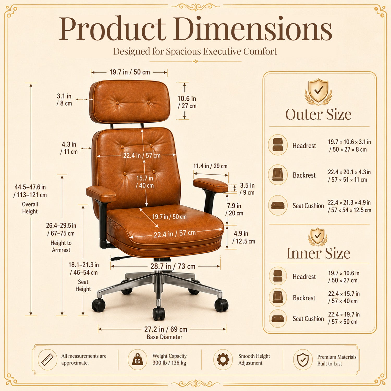 Cottinch Mid-Century Modern Genuine Leather Office Chair, High Back Ergonomic Desk Chair with 135° Recline, Adjustable Armrests & Lumbar Support, Brown