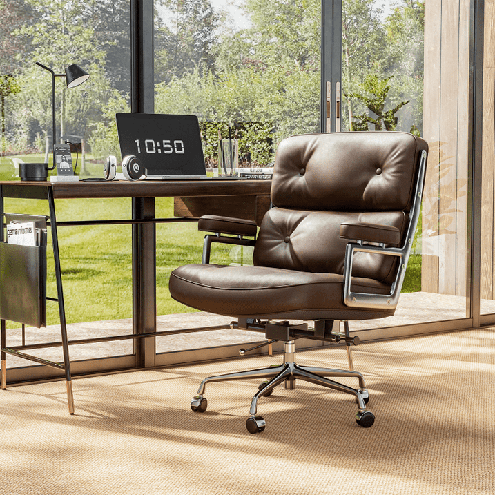 Cottinch Mid Back Genuine Leather Office Chair, Adjustable Height and Liftable Swivel Computer Chair with Rolling Casters for Home Office Use