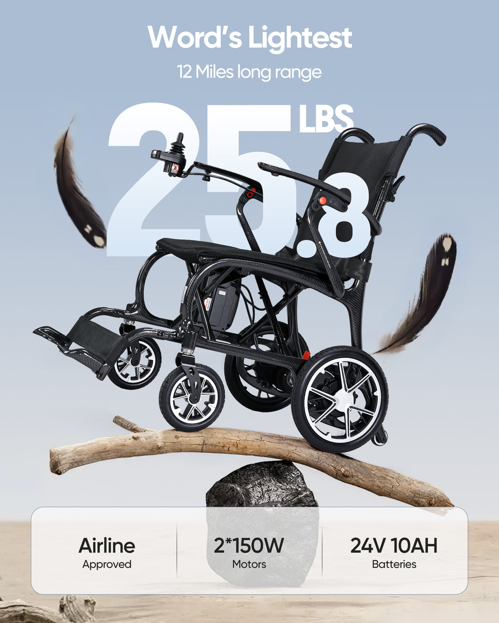 Morrean Ultra Lightweight Electric Wheelchairs for Adults, 25.8lb Foldable Power Wheelchair, 20 Miles Long Range 300 LBS Capacity Motorized Wheelchair