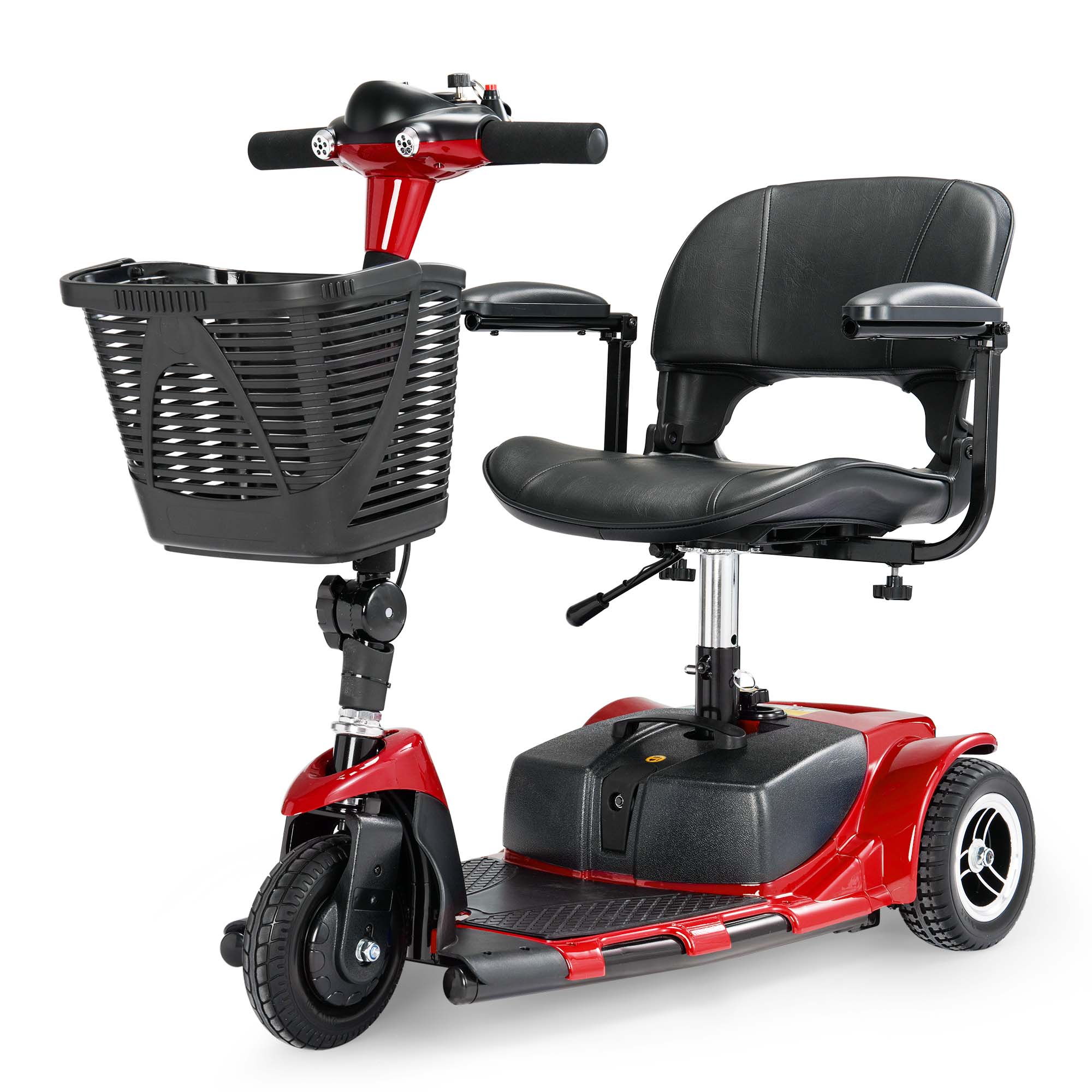 3 Wheel Mobility Scooter for Seniors, Electric Folding Powered Mobile Wheelchair Device for Adults, Long Range Power Extended Battery with Charger and Basket Included, Red