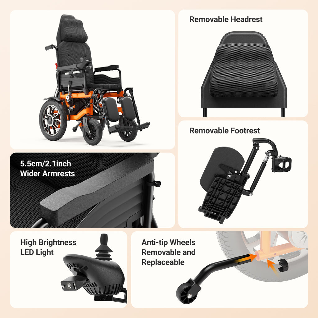 Morrean Reclining Electric Wheelchair, Foldable Motorized Wheelchair for Adults Seniors, 20 Miles Range,500W Motors