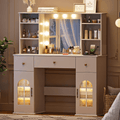 Raffle Pinker 47.2" Vanity Desk with Lighted Mirror and Charging Station, Makeup Vanity with 3 Colors Arched Window Cabinet, 8 Shelves, 3 Drawers, White Vanity Table Dressing Table for Bedroom