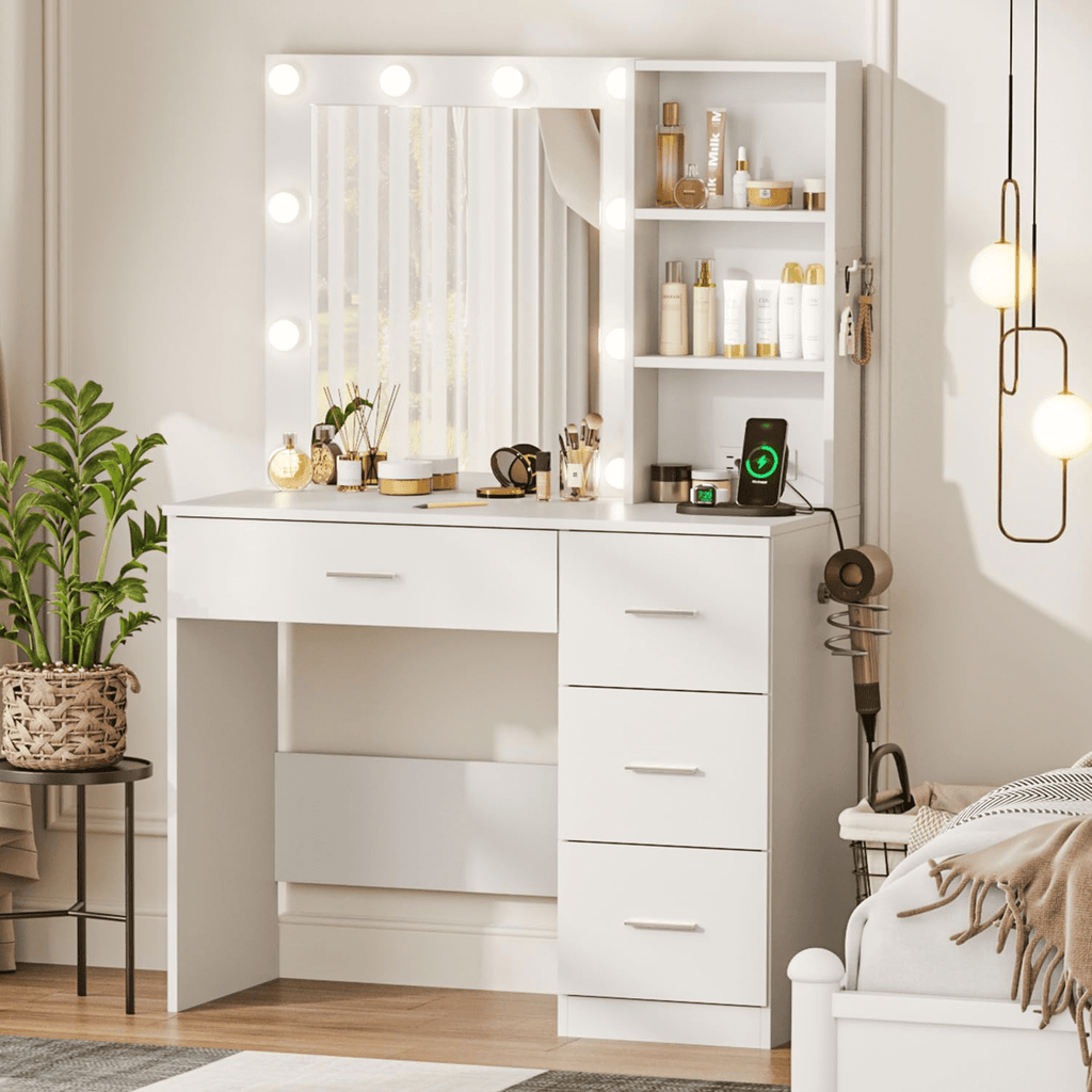Raffle Pinker Makeup Vanity Desk Dressing Table with 4 Drawers,Storage Shelves,Power Outlet