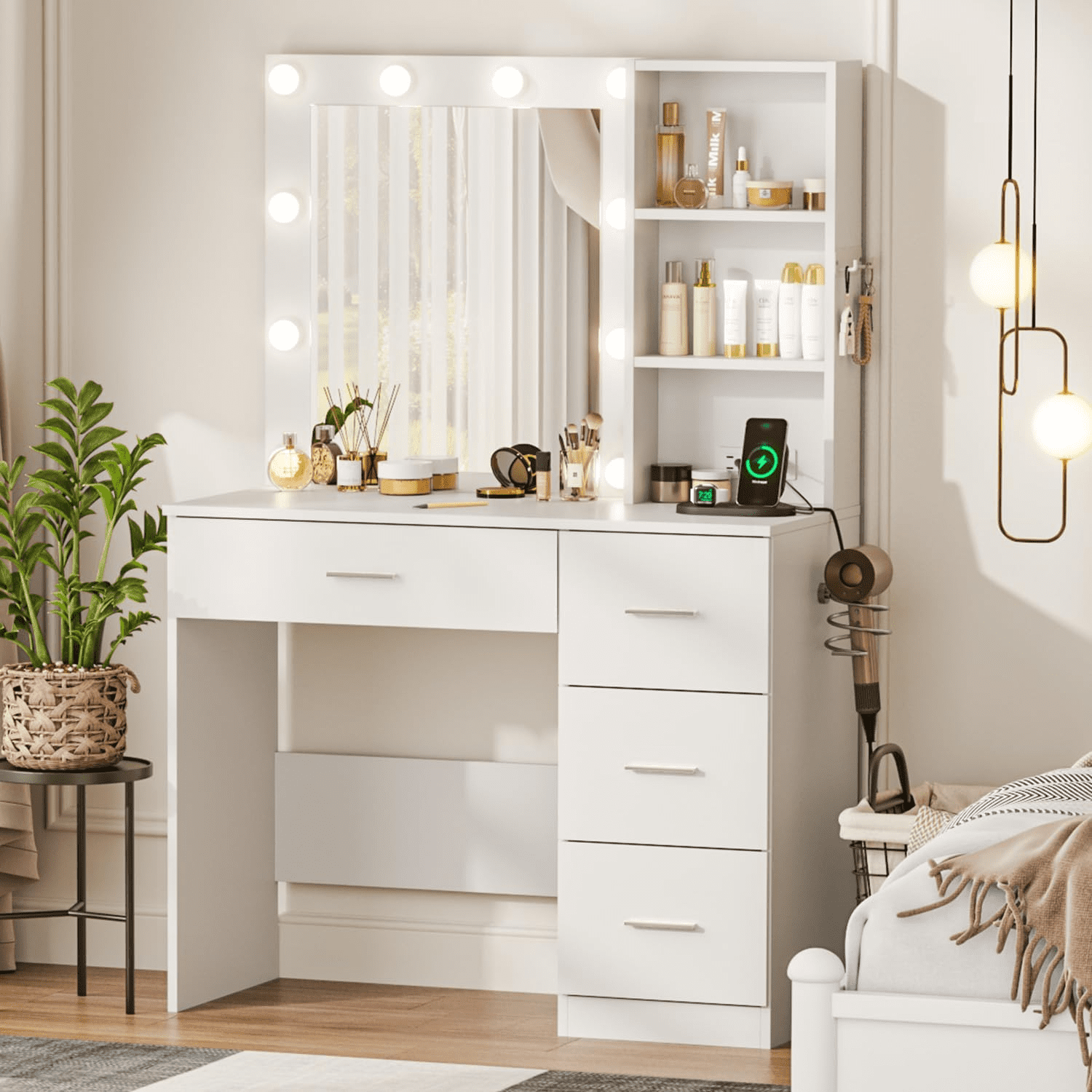 Raffle Pinker Makeup Vanity Desk Dressing Table with 4 Drawers,Storage Shelves,Power Outlet