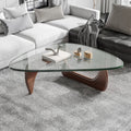 Raffle Pinker Triangle Glass Coffee Table 0.8" Thick Tempered Glass Coffee Table with Solid Dark Walnut Base for Living Room
