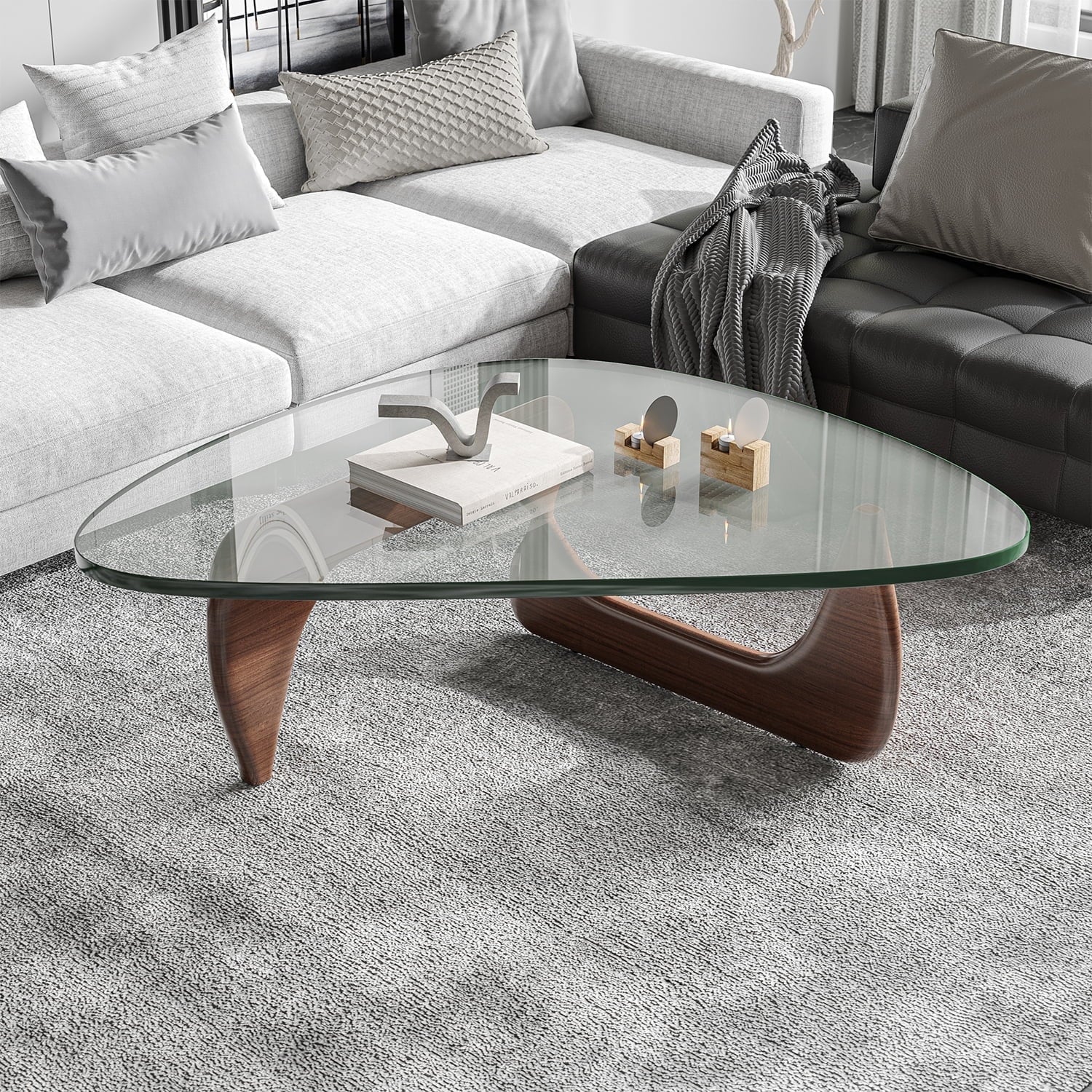 Cottinch 50" Triangle Glass Coffee Table with Wood Base for Living Room Office