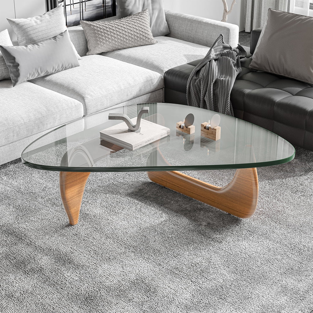 Cottinch 50" Triangle Glass Coffee Table with Wood Base for Living Room Office