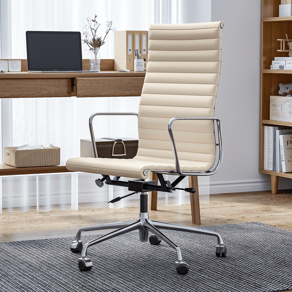 Cottinch Ribbed Genuine Leather Office Chair, Adjustable Ergonomic Computer Chair for Home Office Use