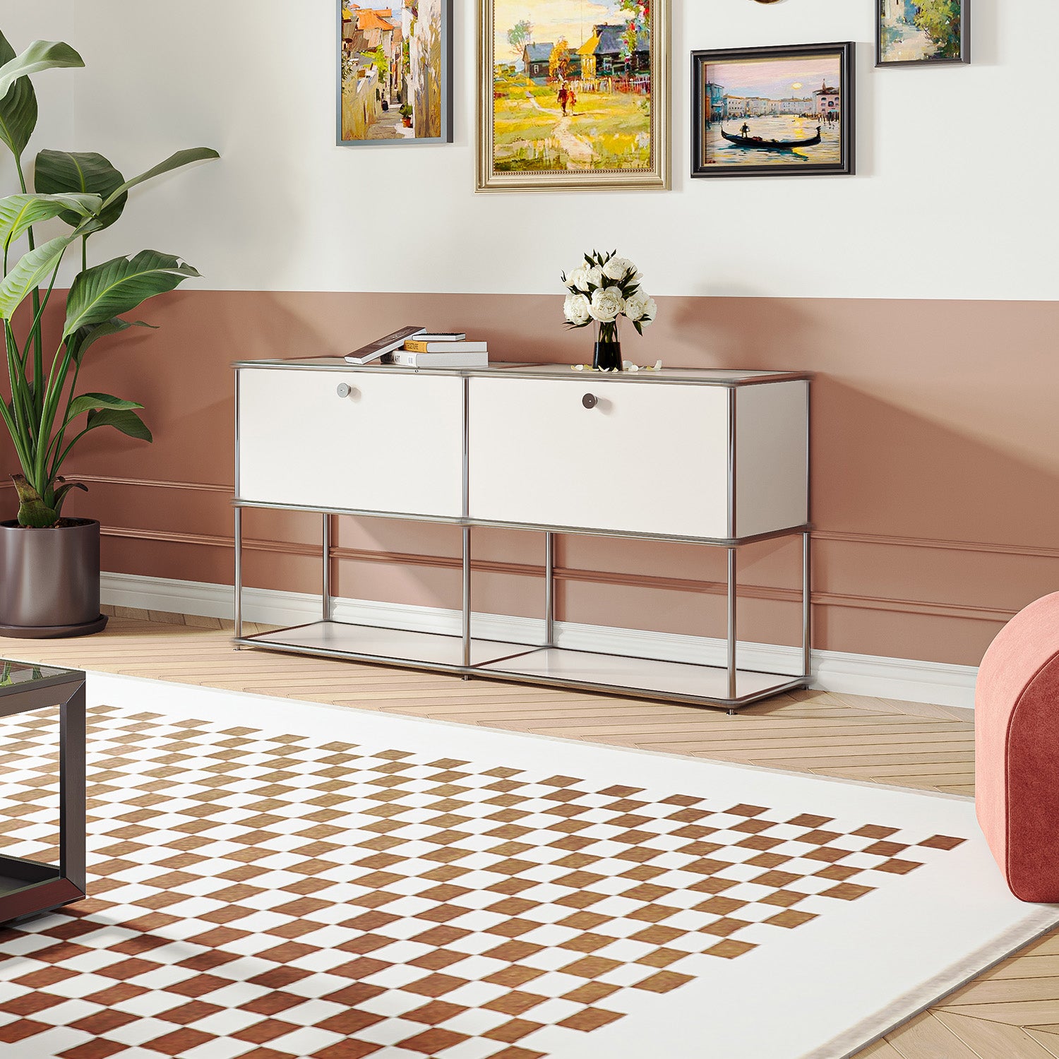 Cottinch 2-Tier Accent Cabinet,Metal Storage Cabinets with 2 Doors,Open Shelf,Freestanding Organizer for Living Room,White