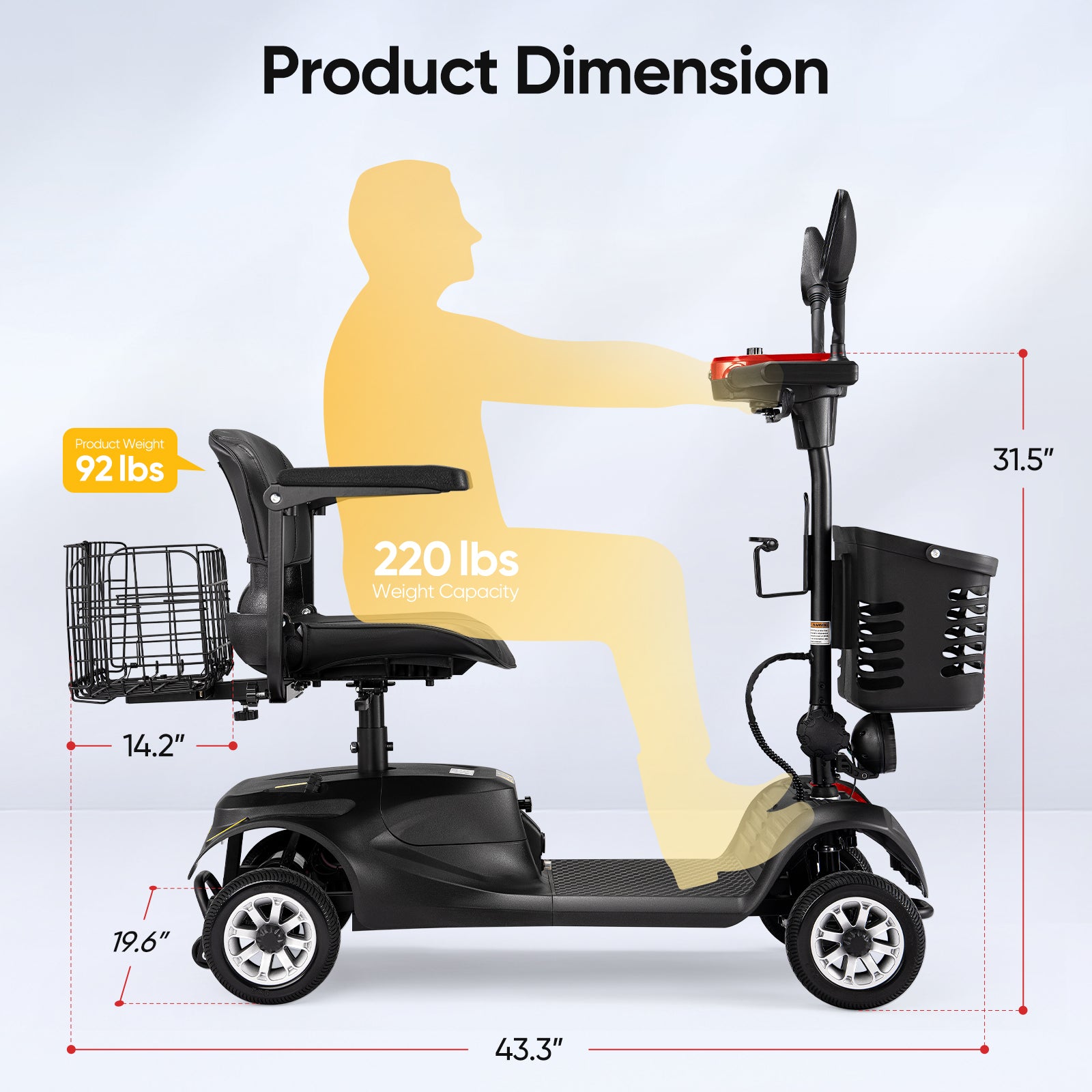 FIMDOC Upgrade 4 Wheels Mobility Scooter for Seniors, Foldable Electric Powered Mobility Wheelchair Devic for Travel, 275lbs, Red