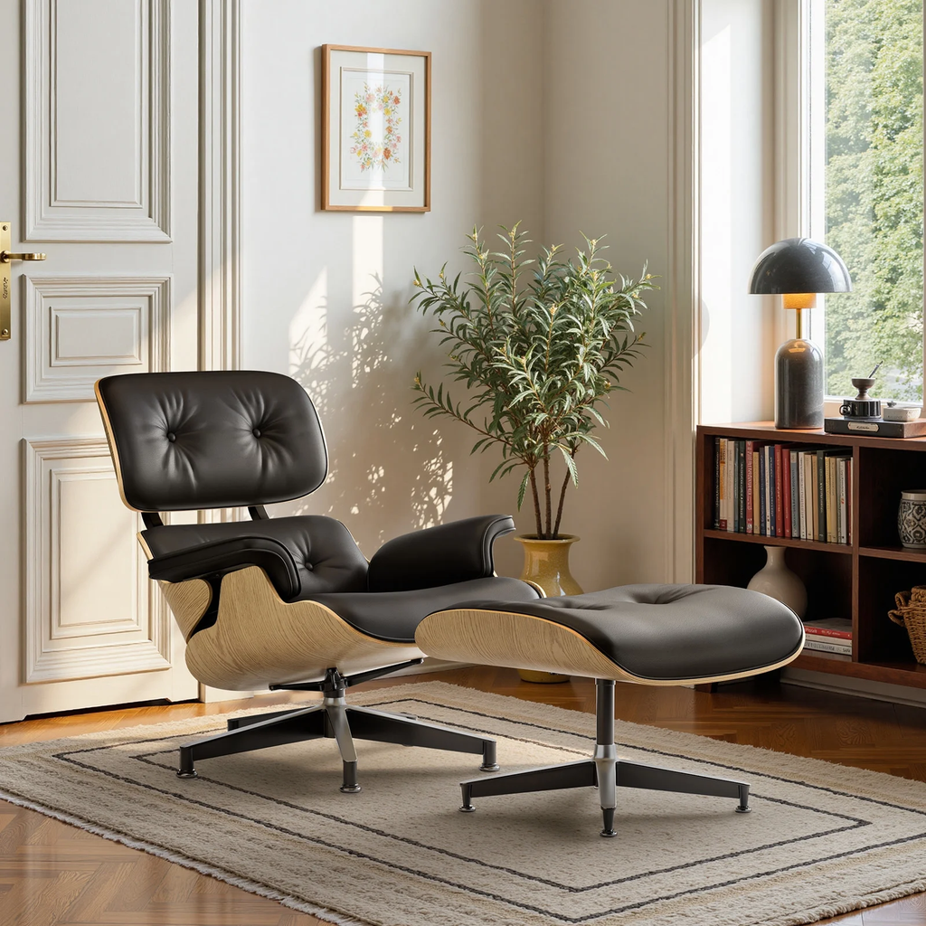 Mid-Century Chaise Lounge Chair with Ottoman Leather Armchair Swivel Accent Chair and Metal Base,Walnut Pattern,Black