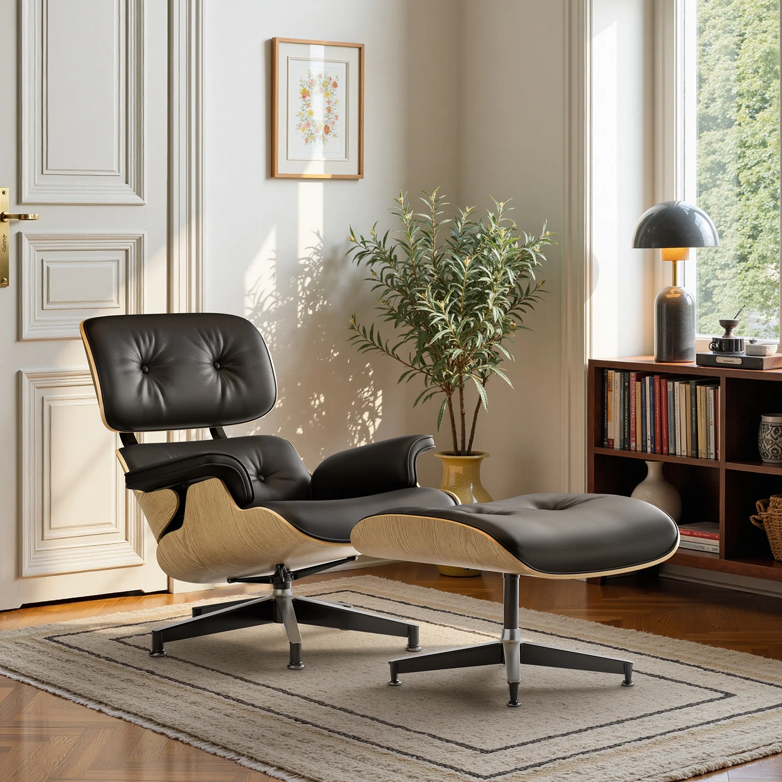 Mid-Century Chaise Lounge Chair with Ottoman Leather Armchair Swivel Accent Chair and Metal Base,Walnut Pattern,Black