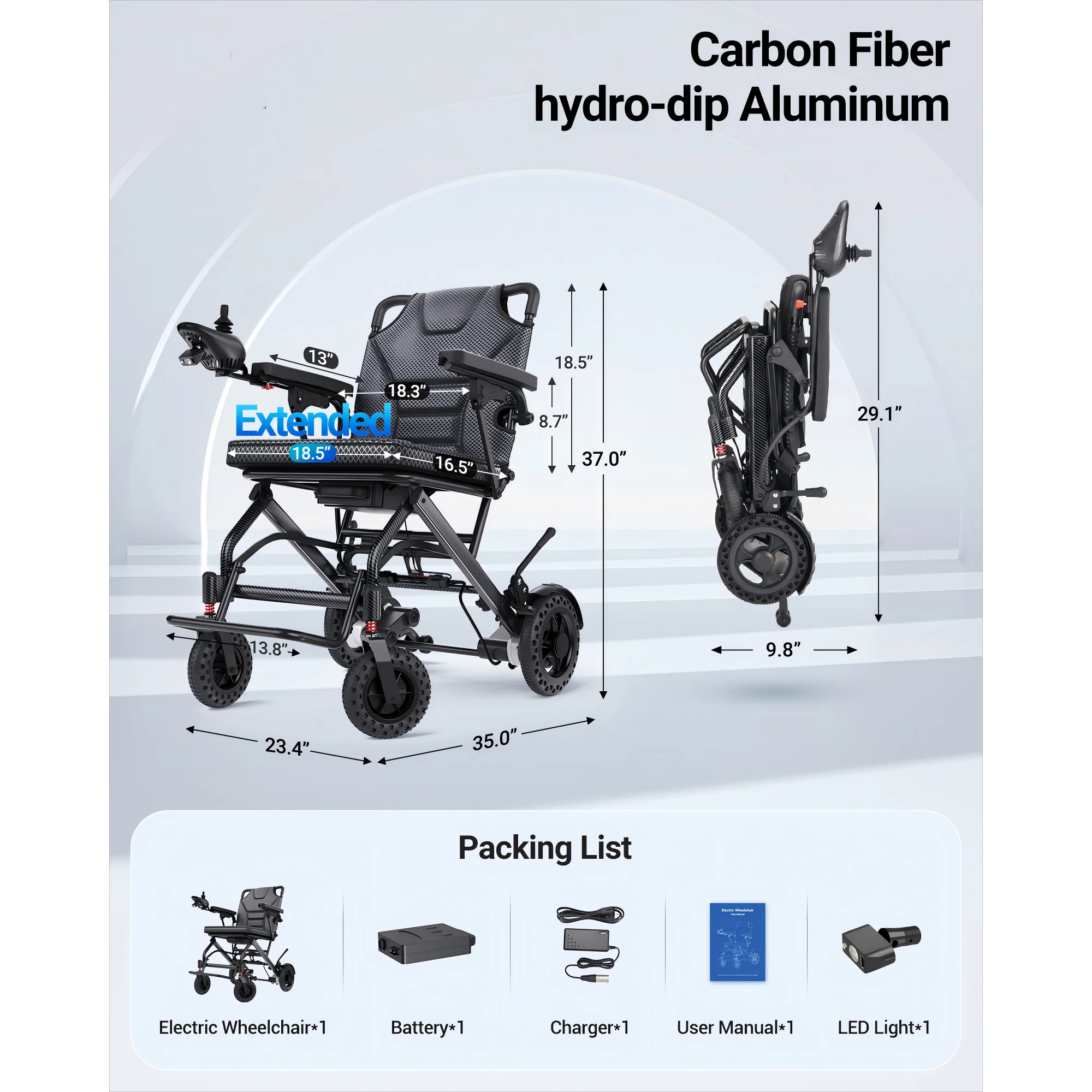 Morrean Lightweight Electric Wheelchair 15 Miles Range,Up to 300lb, 18.5" Padded Seat,All Terrain Foldable Motorized Wheelchairs for Seniors