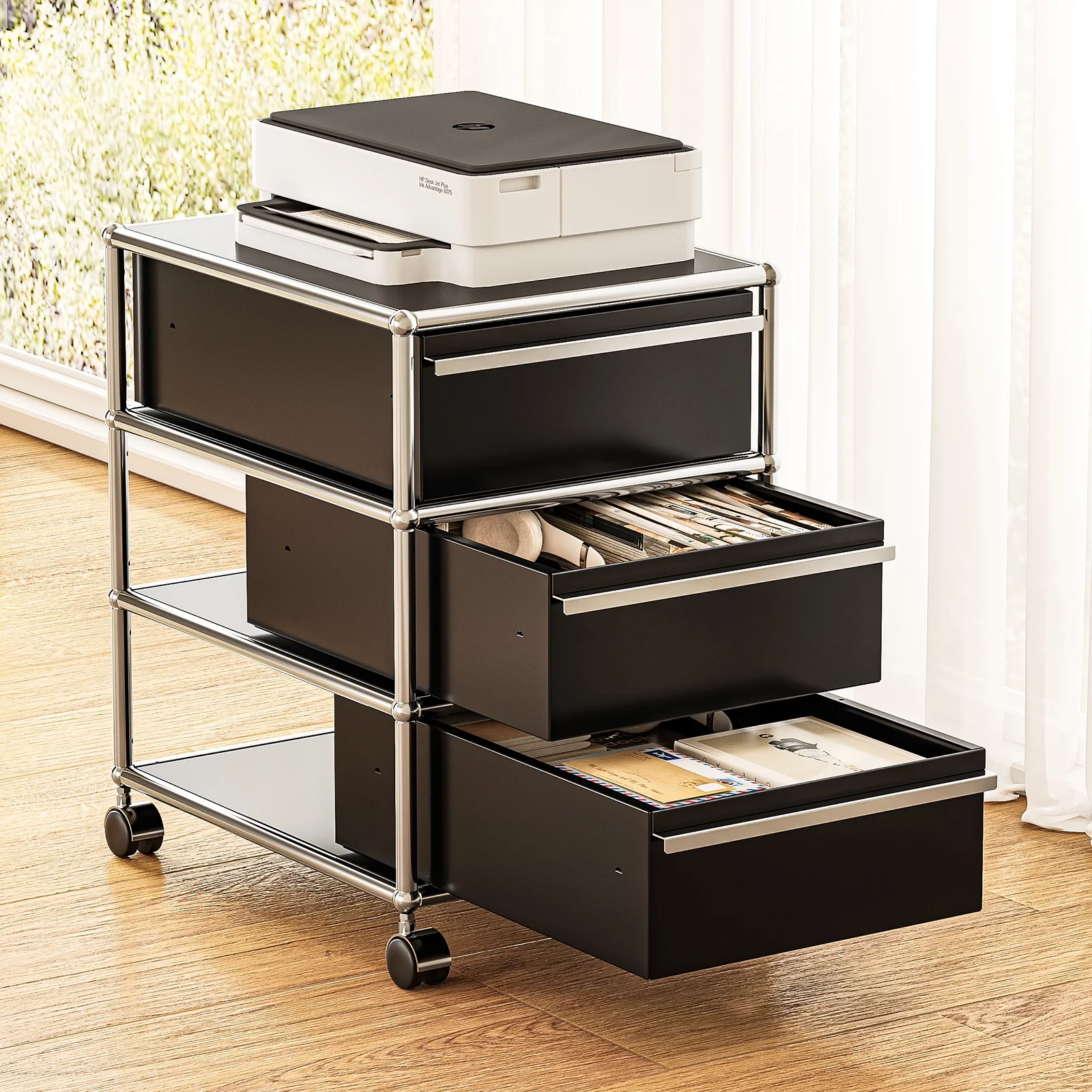 Raffle Pinker Metal Storage Cabinets with 3 Drawers,Rolling Accent Cabinets Storage Organizer for Home Office,Black
