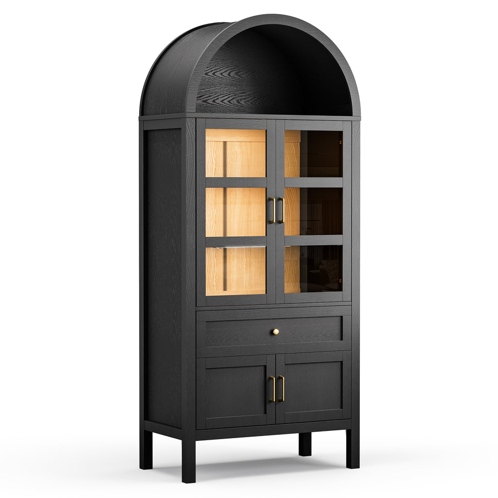 Cottinch 71" Tall Arched Bookshelf, Wood Display Cabinet with Glass Doors and Adjustable Shelves & LED Lights