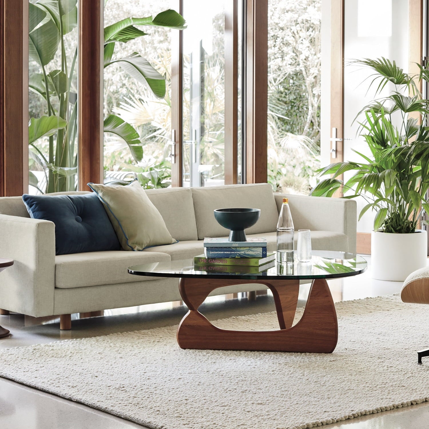 Cottinch 50" Triangle Glass Coffee Table with Wood Base for Living Room Office