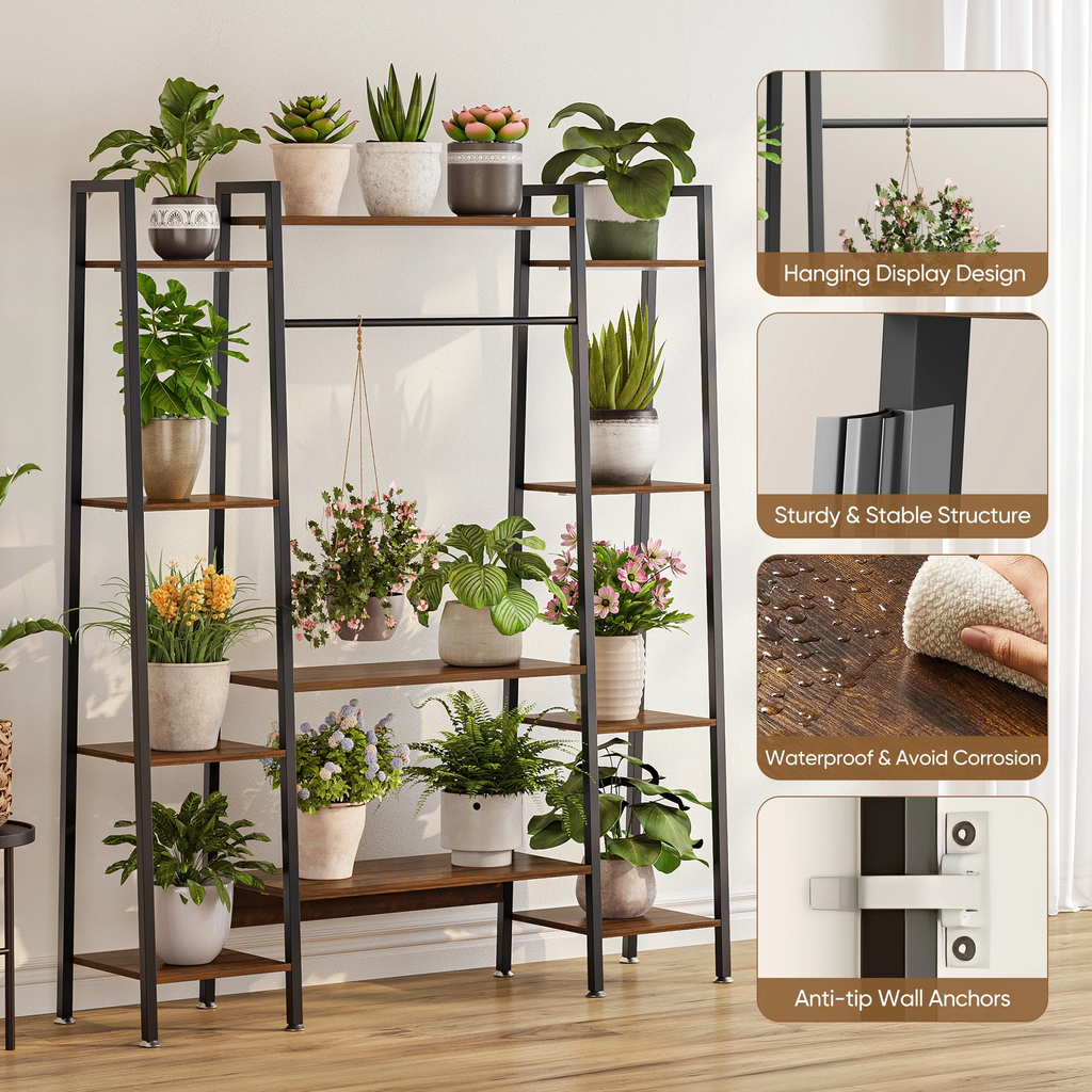 Raffle Pinker Plant Stand with Grow Lights, LED Plant Shelf for Indoor Plants,3 Timer & 10 Dimming Levels,180LB Capacity,Waterproof Iron Frame Holds 15 Pots