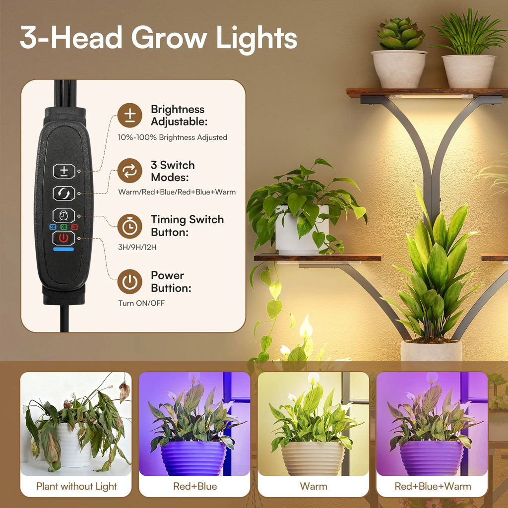 eChamp Plant Stand with Grow Light 3 Color Modes & Storage Drawer, 63" Tall Indoor Plant Shelf 10-Tier Metal Plant Rack Flower Holder for Home, Patio, 10 Brightness Levels, Timer, Wide Base
