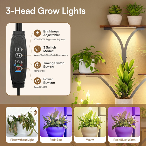 Cottinch 63" Plant Stand Indoor with Grow Lights, 10 Tiered Plant Shelf for Multiple Plants, Large Metal Plant Rack with Drawer, Tree-Shaped Flower Holder for Living Room, Balcony