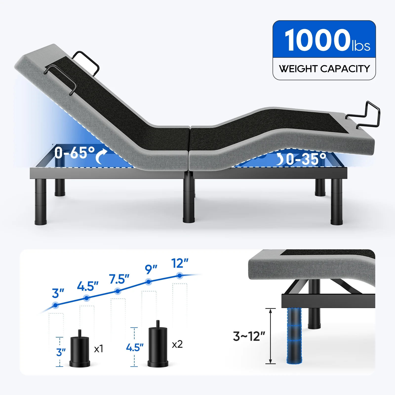 eChamp Electric Adjustable Bed Frame Base with Massage,Remote Controller,No Mattress, Twin Size