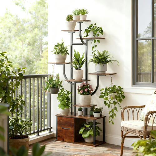 Cottinch 59" Plant Stand Indoor with Grow Lights, 9 Tiered Plant Shelf for Multiple Plants, Large Metal Plant Rack with Drawer, Mushroom-Shaped Flower Holder for Living Room, Balcony