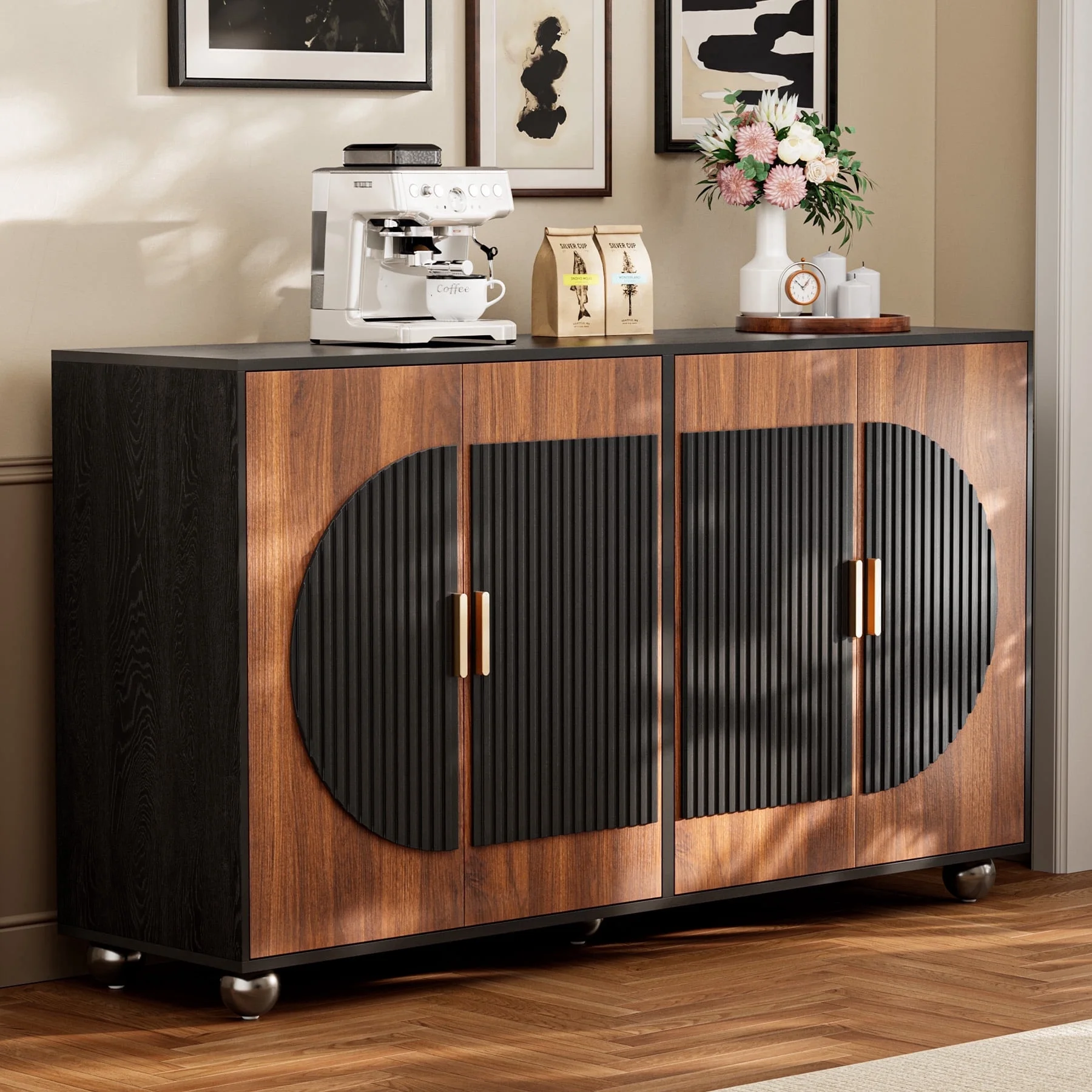 Fluted Buffet Cabinet with Storage, Large Accent Sideboard with 4 Doors & Adjustable Shelves 58" Modern Fluted Credenza Media Console Table for Living Room Kitchen Dining Room