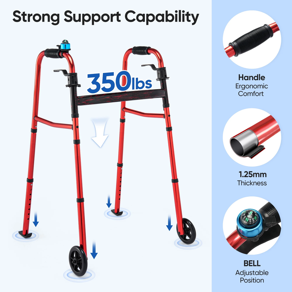 Verpal Compact Foldig Walker with 5" Wheels, Adjustable Lightweight Mobility Aids Walker for Seniors, 350lb Weight Capacity, Red