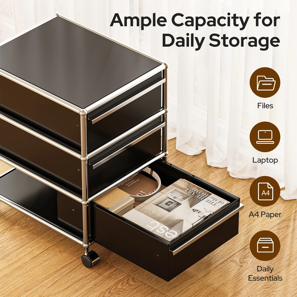 Raffle Pinker Metal Storage Cabinets with 3 Drawers,Rolling Accent Cabinets Storage Organizer for Home Office,Black