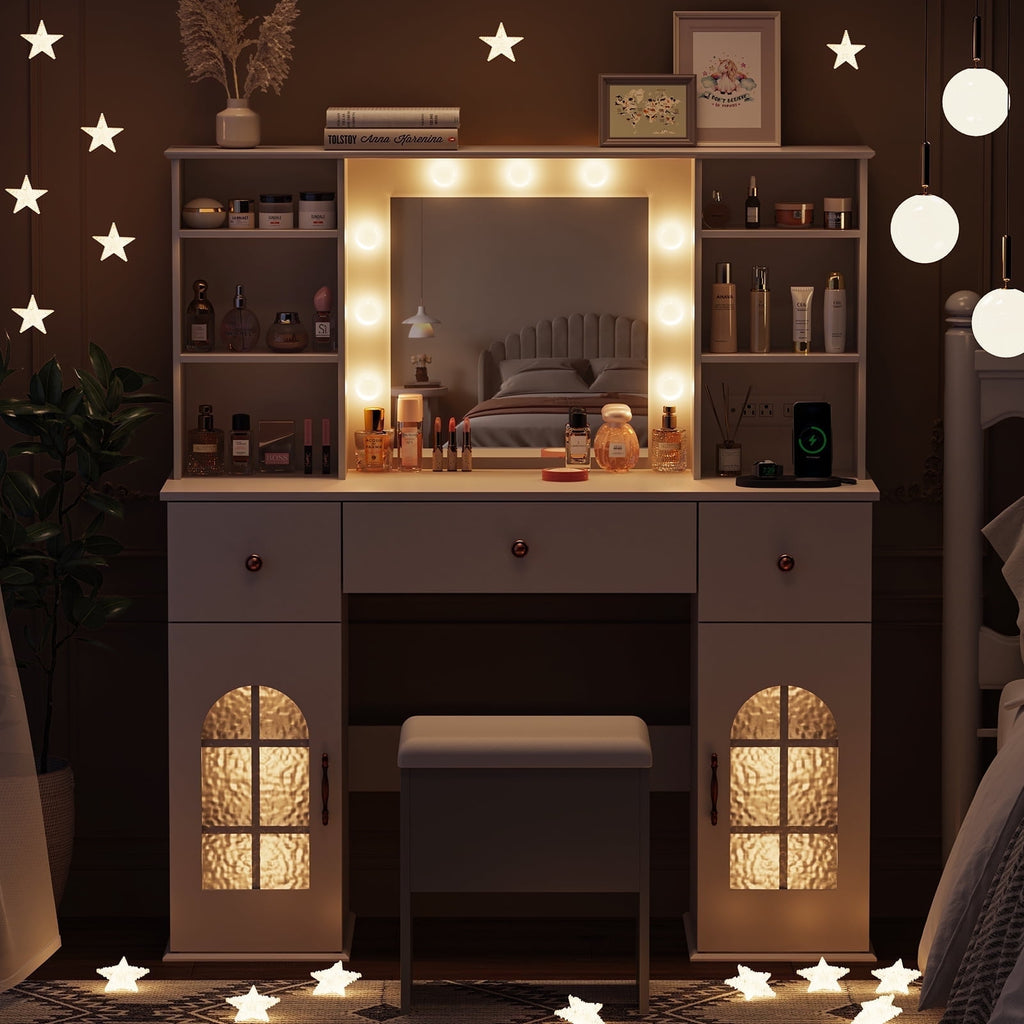 Cottinch Vanity Desk with Mirror and Lights, 47.2" Makeup Vanity Table with 3 Color Modes Arched Window Cabinet & Power Outlet, 3 Drawers, 8 Storage Shelves, Large Dressing Table for Bedroom