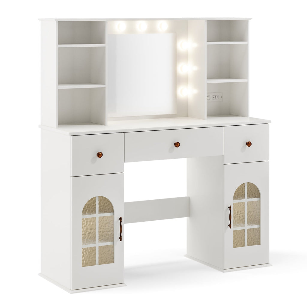 Cottinch Vanity Desk with Mirror and Lights, 47.2" Makeup Vanity Table with 3 Color Modes Arched Window Cabinet & Power Outlet, 3 Drawers, 8 Storage Shelves, Large Dressing Table for Bedroom