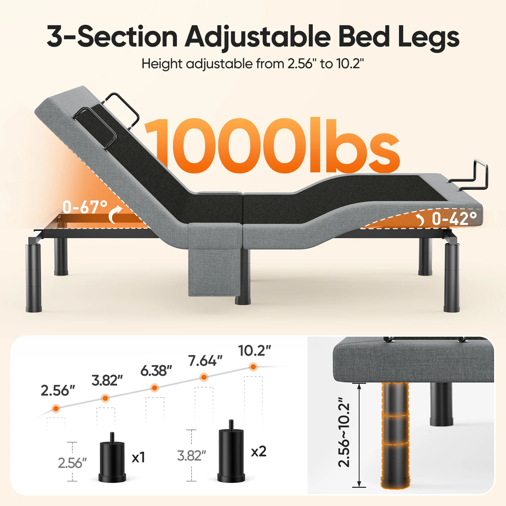 Cottinch Electric Adjustable Bed Frame Queen with Remote Control and Dual Motors,Adjustable Legs,Power Bed Base 1000lb Limit