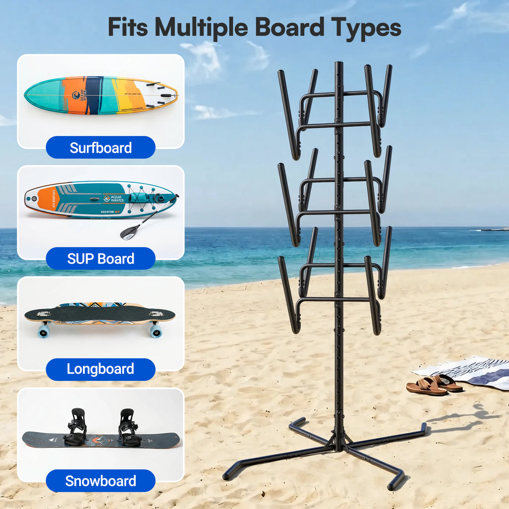 Cottinch Freestanding Surfboard Rack, Heavy Duty Steel Surfboard Storage Rack with Protective Foam, Adjustable Vertical Holder for Surfboards, SUPs, Paddle Boards & Snowboards, Indoor & Garage Use