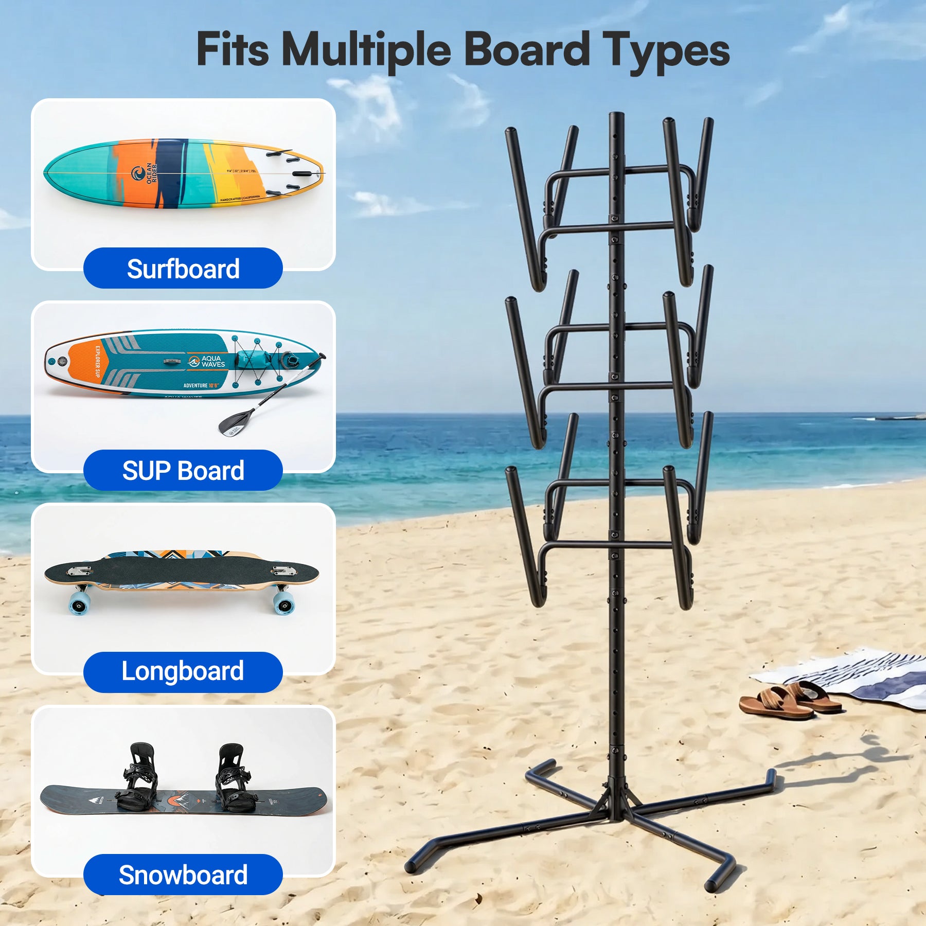 Cottinch Freestanding Surfboard Rack, Heavy Duty Steel Surfboard Storage Rack with Protective Foam, Adjustable Vertical Holder for Surfboards, SUPs, Paddle Boards & Snowboards, Indoor & Garage Use
