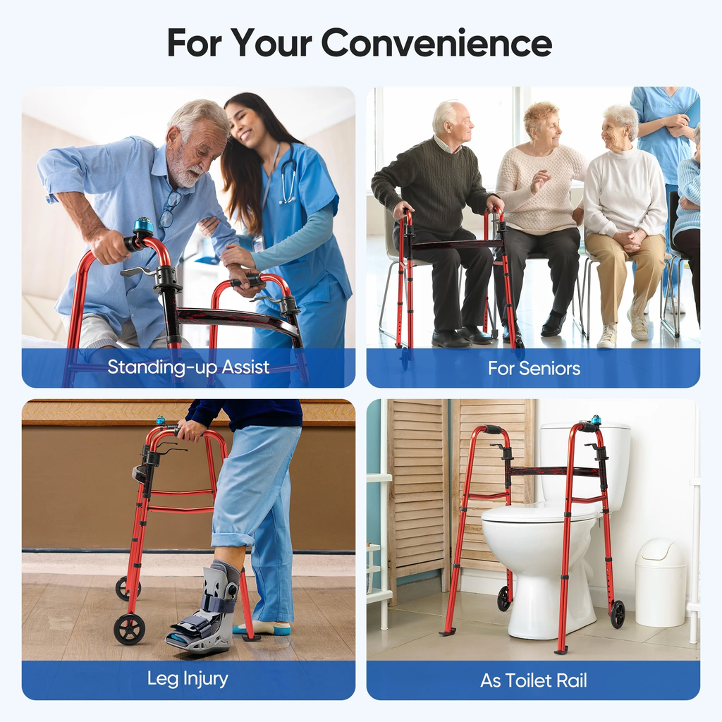 Verpal Compact Foldig Walker with 5" Wheels, Adjustable Lightweight Mobility Aids Walker for Seniors, 350lb Weight Capacity, Red