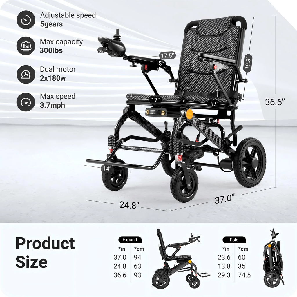 Wefree 15 Miles Lightweight Electric Wheelchairs for Seniors,Padded 17" Seat & All Terrain Wheels, LED Light, 300lb