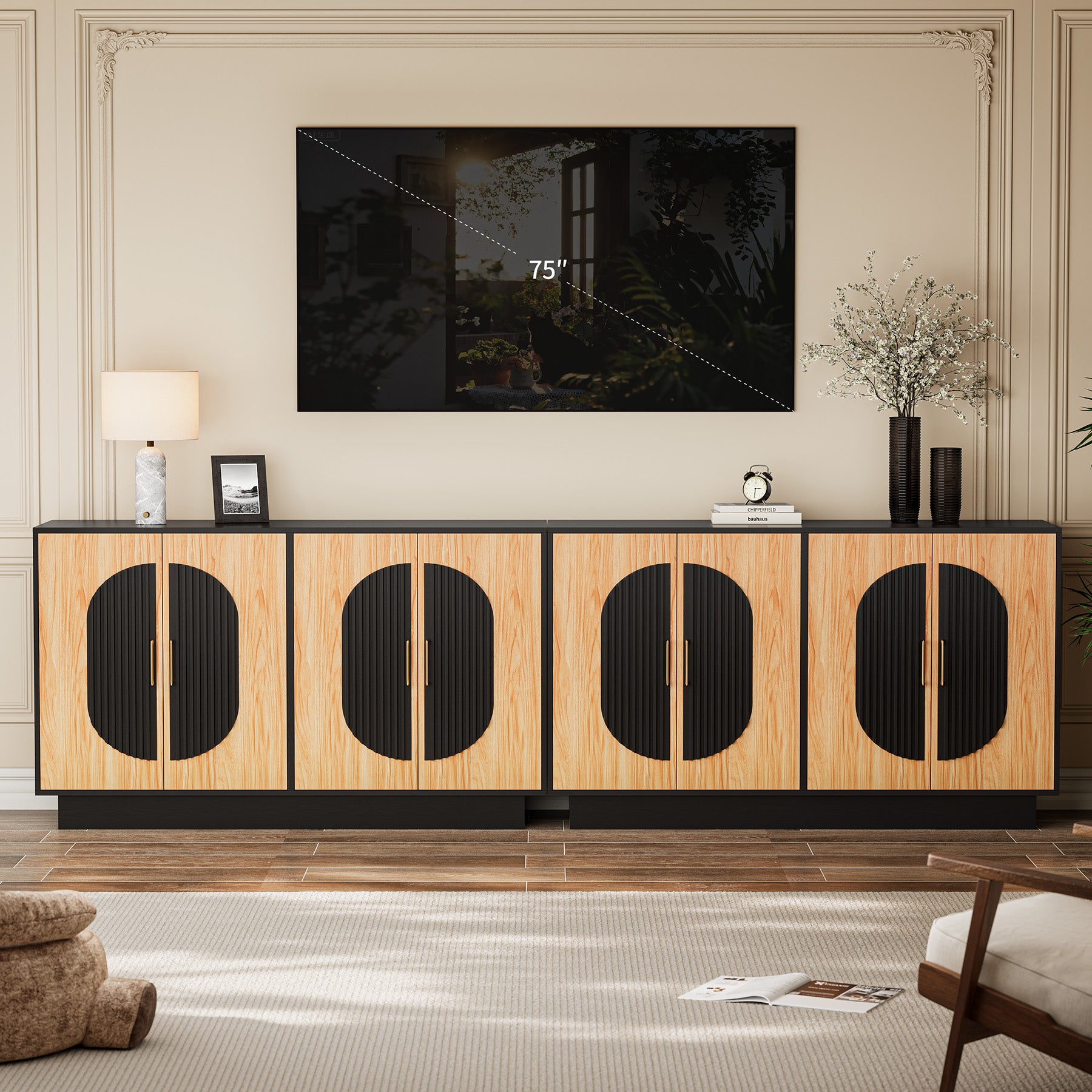 Fluted Buffet Cabinet with Storage, Large Accent Sideboard with Arch Doors & Adjustable Shelves 58" Modern Fluted Credenza Media Console Table for Living Room Kitchen Dining Room